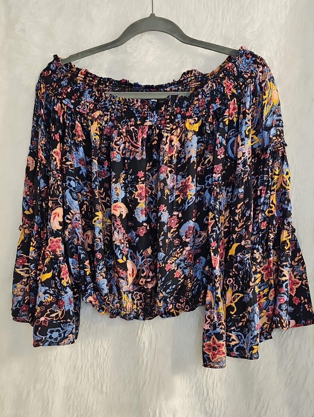 Free People Black Floral Off-Shoulder Blouse with Blue & Yellow Accents